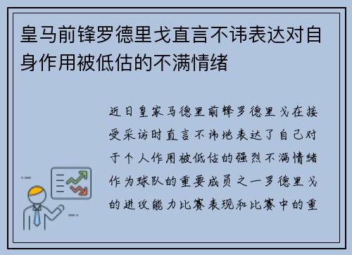 皇马前锋罗德里戈直言不讳表达对自身作用被低估的不满情绪 皇马前锋罗德里戈直言不讳表达对自身作用被低估的不满情绪